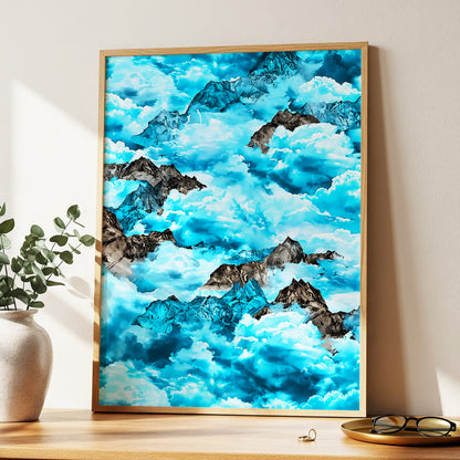 Cloudbound Peaks, blue, white, black nature wall art displayed in a styled interior, gallery view 3