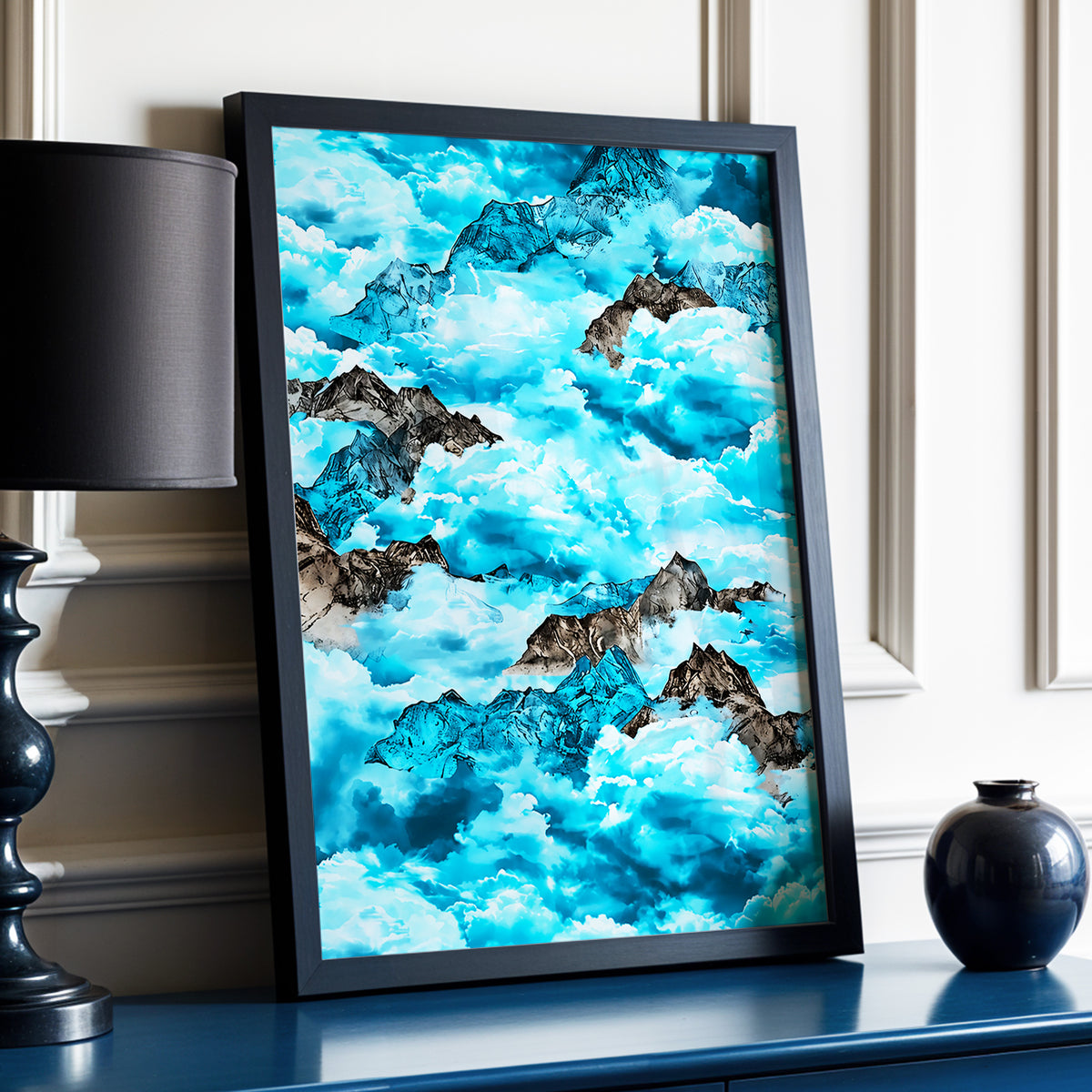 Cloudbound Peaks, blue, white, black nature wall art displayed in a styled interior, gallery view 4