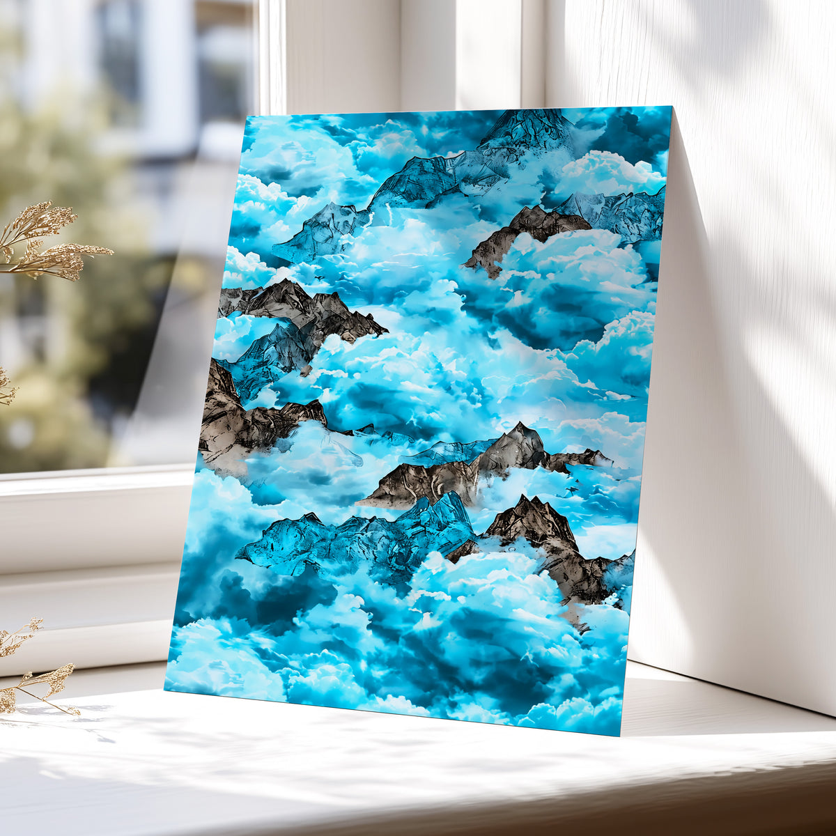 Cloudbound Peaks, blue, white, black nature wall art displayed in a styled interior, gallery view 5