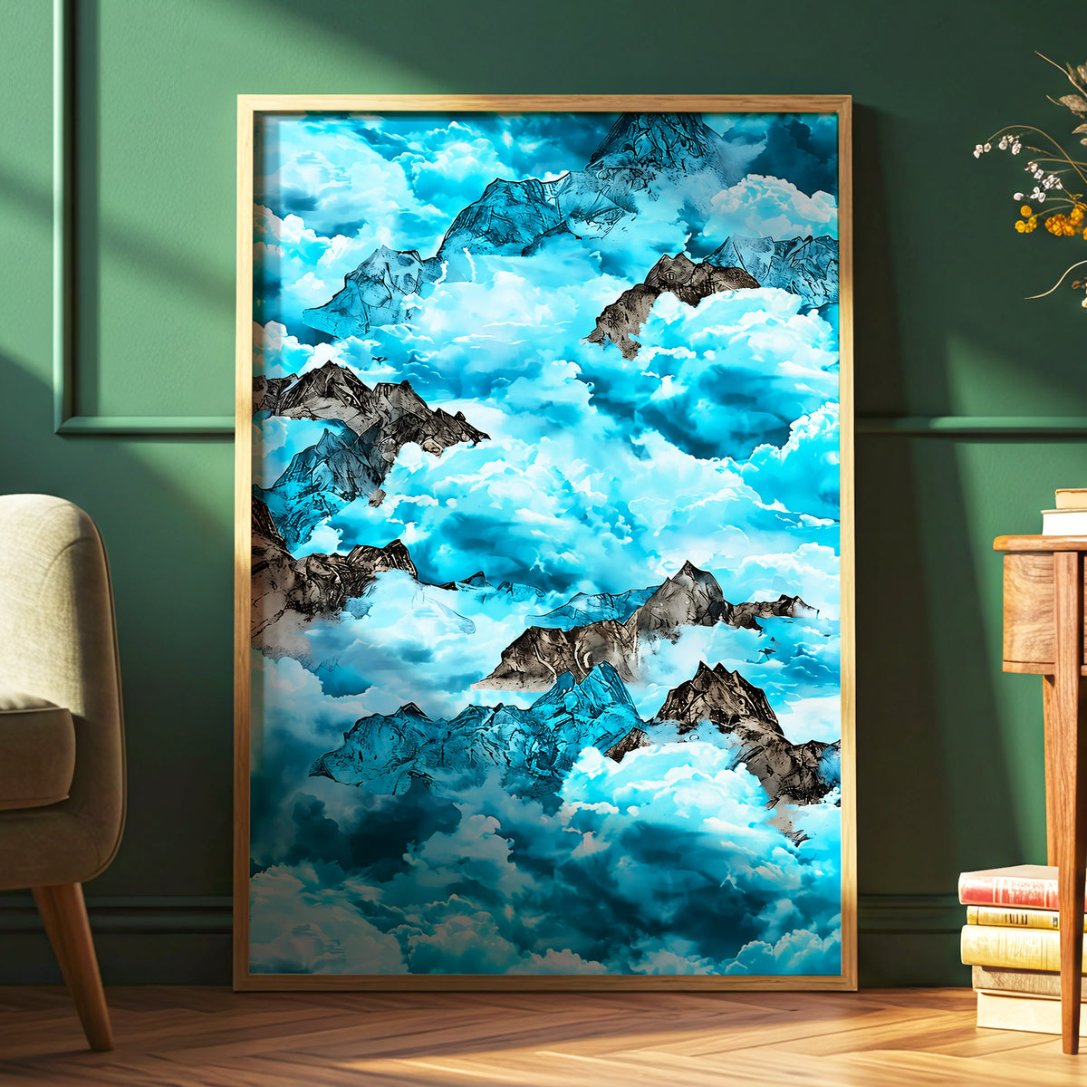 Cloudbound Peaks, blue, white, black nature wall art displayed in a styled interior, gallery view 6