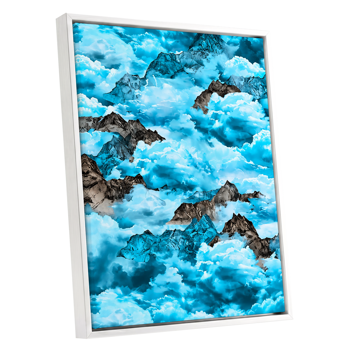 Cloudbound Peaks, blue, white, black nature wall art shown as a white framed canvas wall art