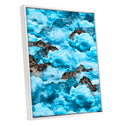 Cloudbound Peaks, blue, white, black nature wall art shown as a white framed canvas wall art