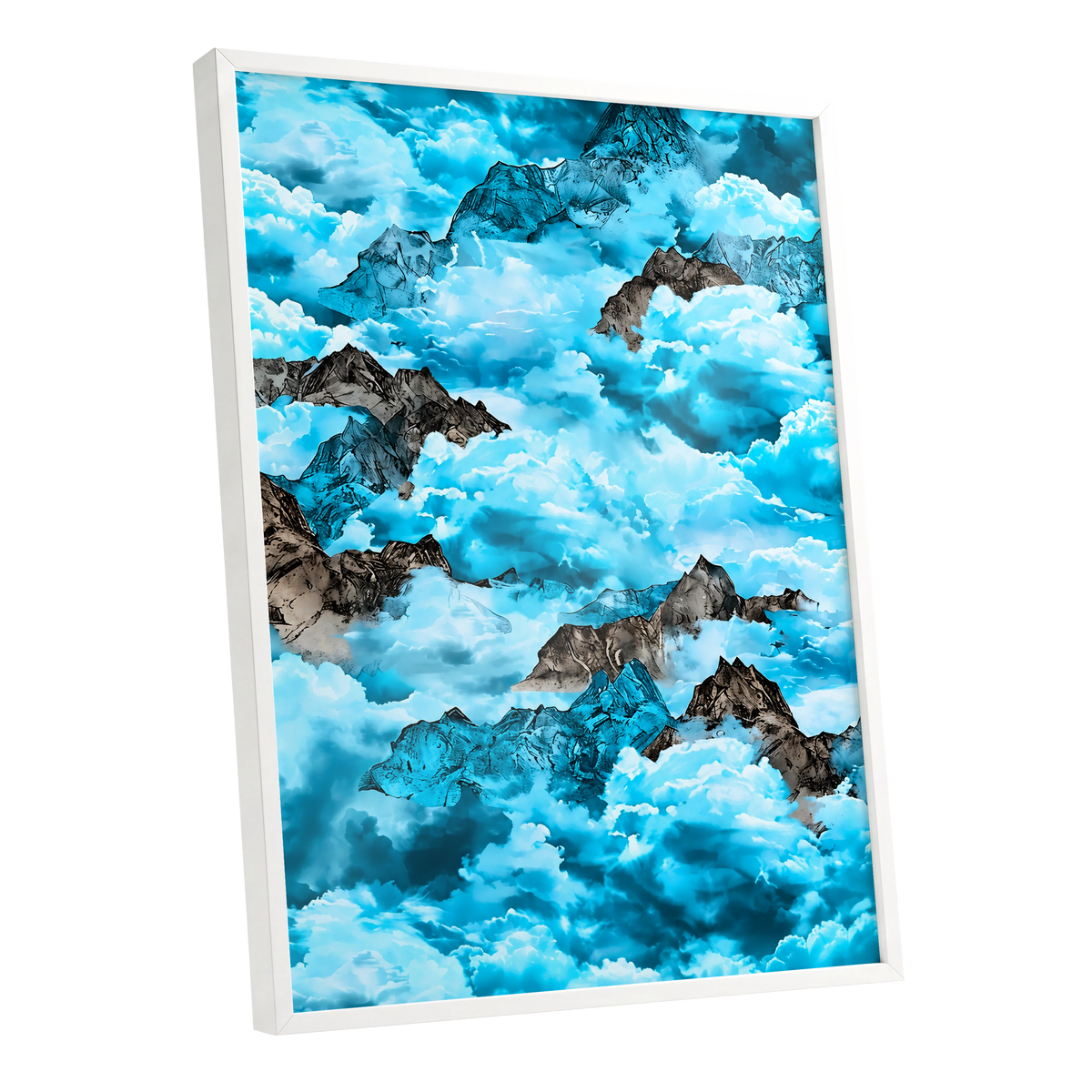 Cloudbound Peaks, blue, white, black nature wall art shown as a white framed poster wall art print