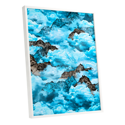Cloudbound Peaks, blue, white, black nature wall art shown as a white framed poster wall art print