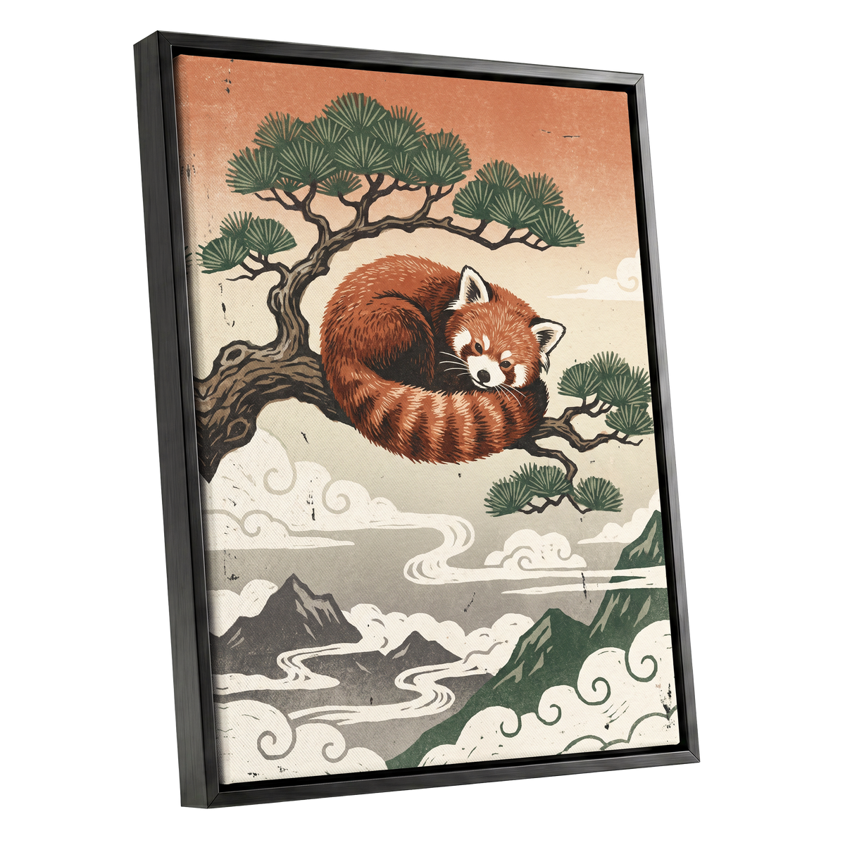 Cloudbound Red Panda, orange, brown, green nature wall art shown as a black framed canvas wall art