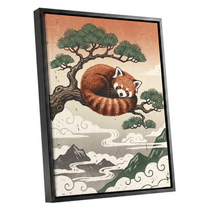 Cloudbound Red Panda, orange, brown, green nature wall art shown as a black framed canvas wall art