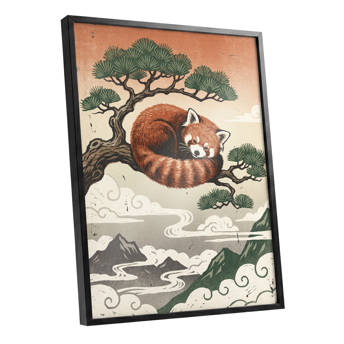 Cloudbound Red Panda, orange, brown, green nature wall art shown as a black framed poster wall art print