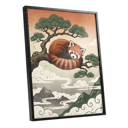 Cloudbound Red Panda, orange, brown, green nature wall art shown as a black framed poster wall art print