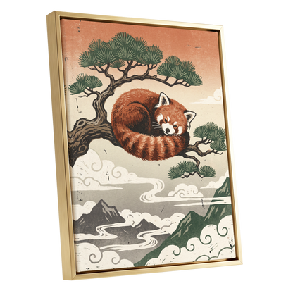 Cloudbound Red Panda, orange, brown, green nature wall art shown as a gold framed canvas wall art