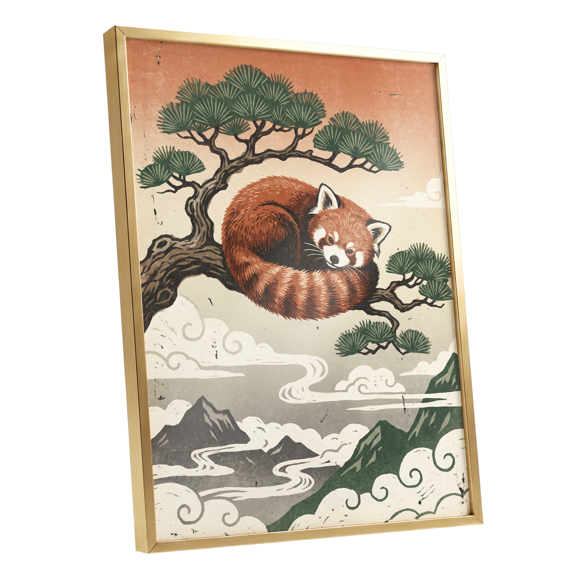 Cloudbound Red Panda, orange, brown, green nature wall art shown as a gold framed poster wall art print
