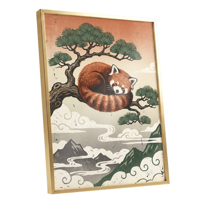 Cloudbound Red Panda, orange, brown, green nature wall art shown as a gold framed poster wall art print
