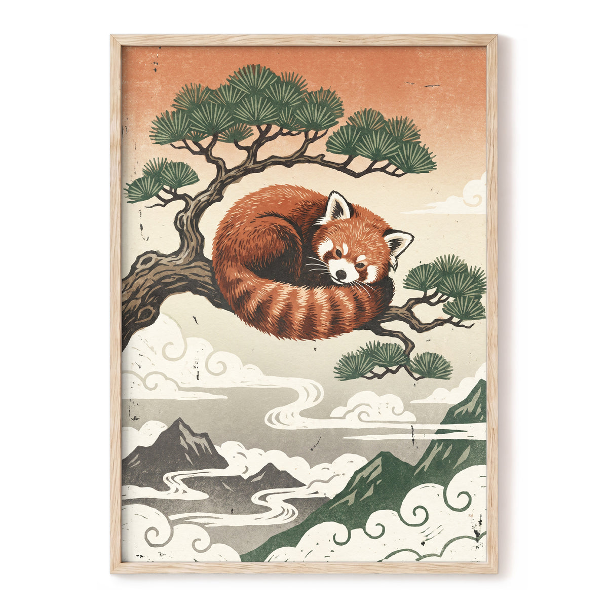 Cloudbound Red Panda, orange, brown, green nature wall art, front artwork view