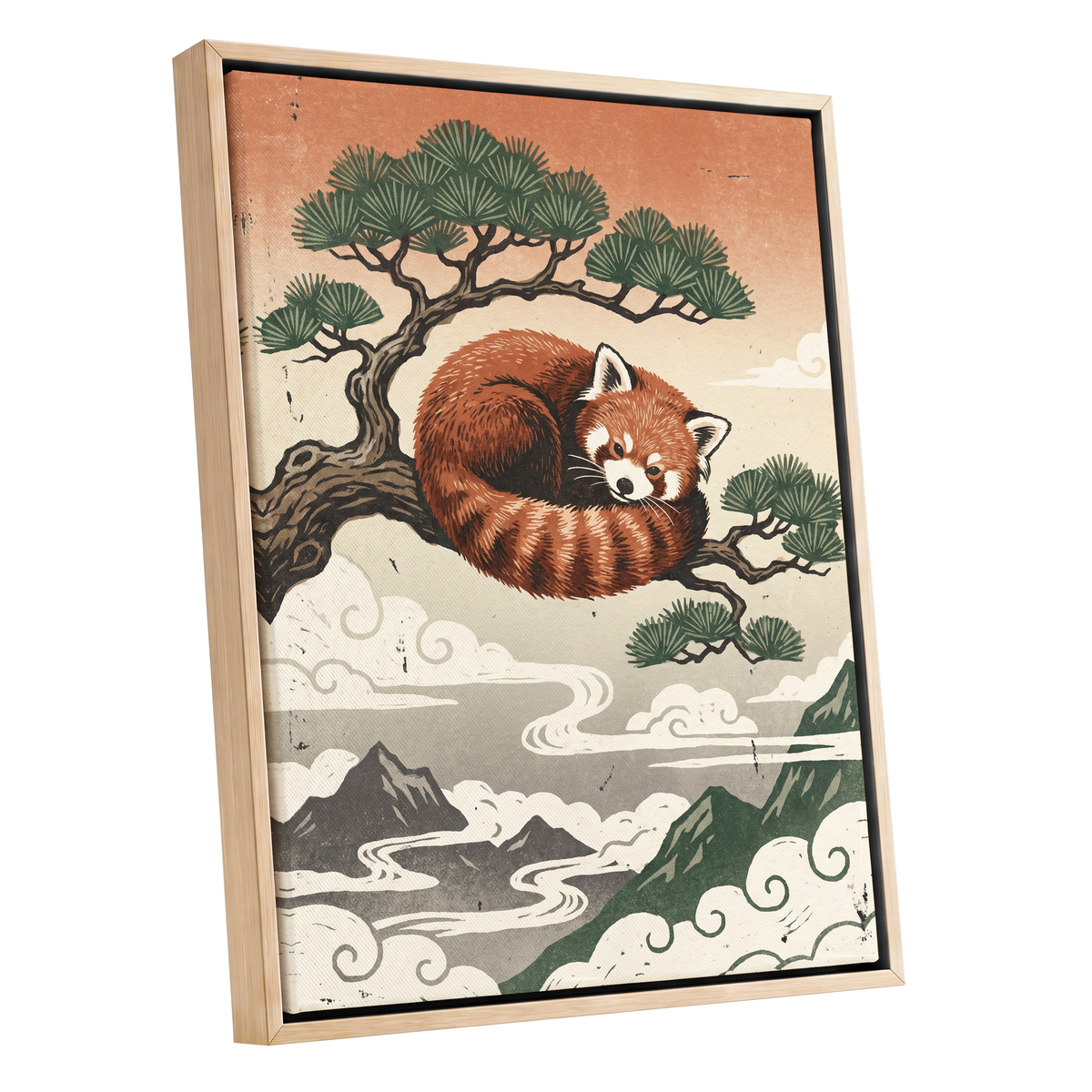 Cloudbound Red Panda, orange, brown, green nature wall art shown as a oak framed canvas wall art