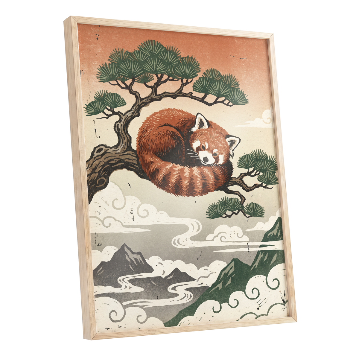 Cloudbound Red Panda, orange, brown, green nature wall art shown as a oak framed poster wall art print