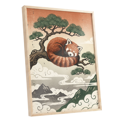 Cloudbound Red Panda, orange, brown, green nature wall art shown as a oak framed poster wall art print