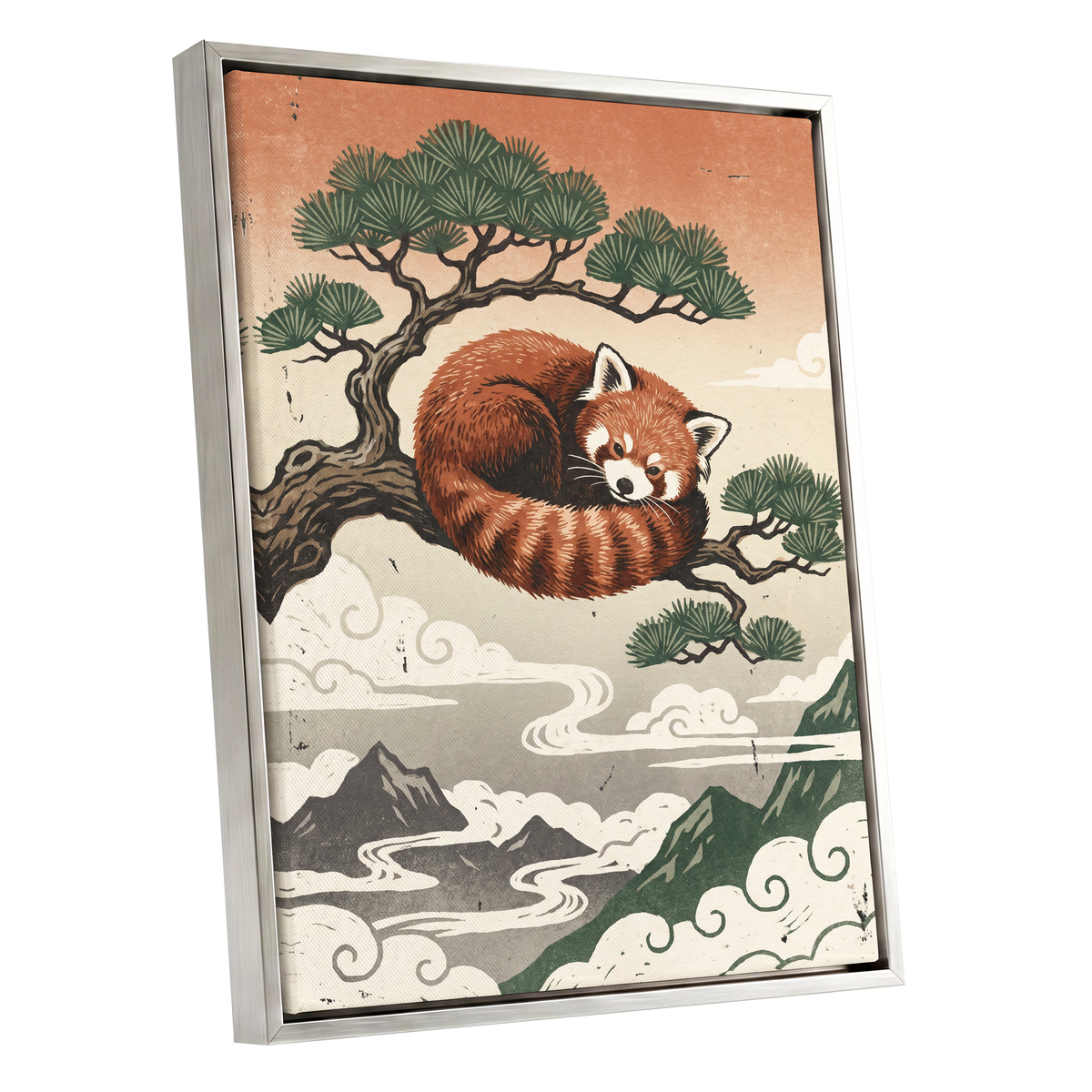 Cloudbound Red Panda, orange, brown, green nature wall art shown as a silver framed canvas wall art