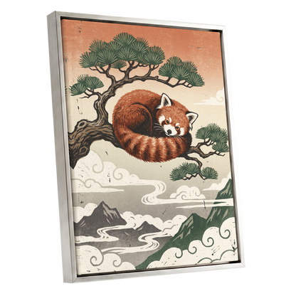 Cloudbound Red Panda, orange, brown, green nature wall art shown as a silver framed canvas wall art
