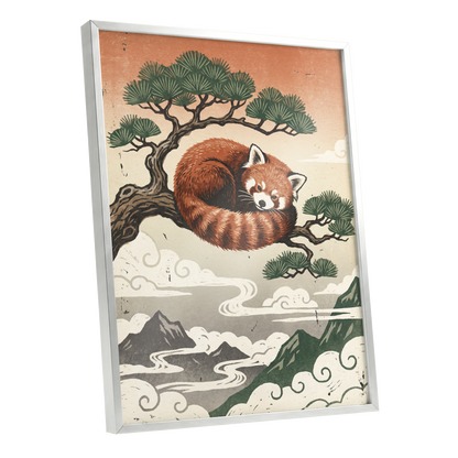 Cloudbound Red Panda, orange, brown, green nature wall art shown as a silver framed poster wall art print
