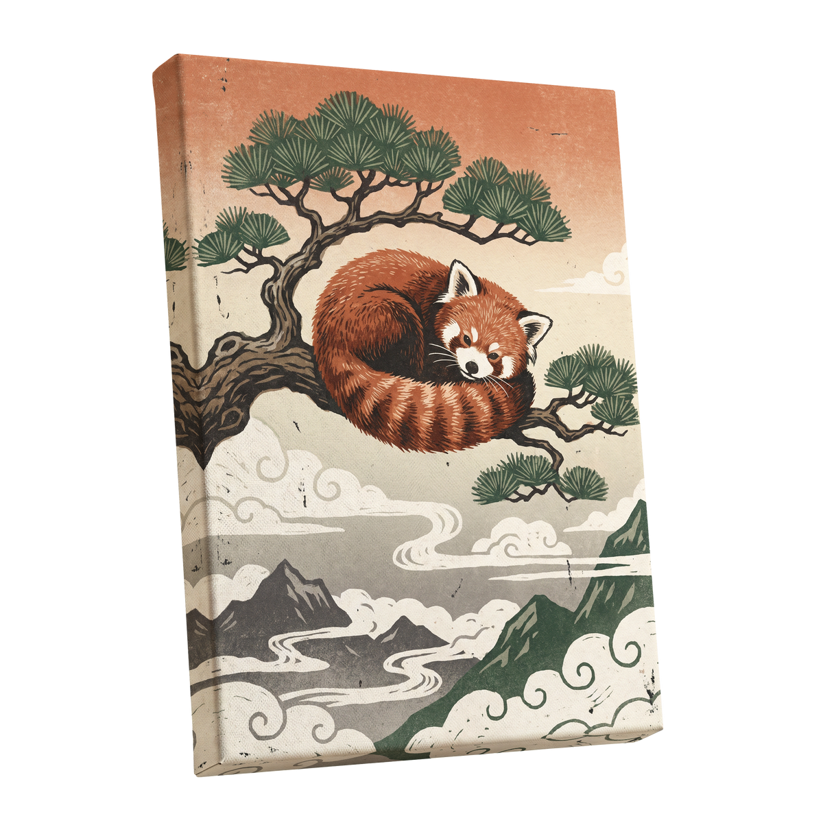 Cloudbound Red Panda, orange, brown, green nature wall art shown as a stretched canvas wall art