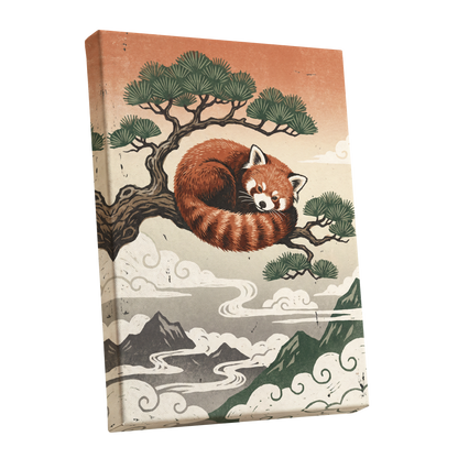 Cloudbound Red Panda, orange, brown, green nature wall art shown as a stretched canvas wall art