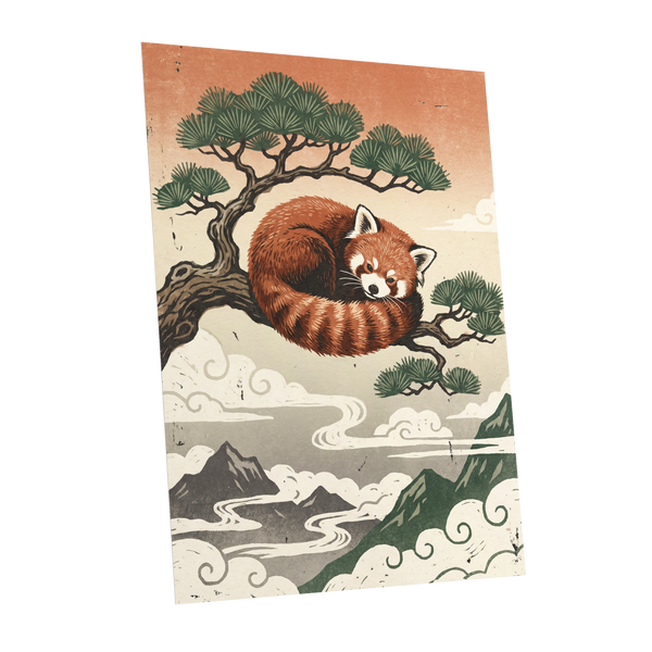 Cloudbound Red Panda, orange, brown, green nature wall art shown as a unframed poster wall art print