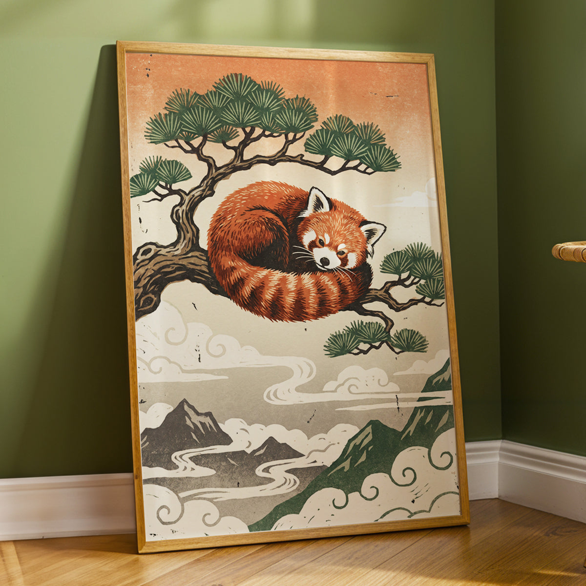 Cloudbound Red Panda, orange, brown, green nature wall art displayed in a styled interior, gallery view 2
