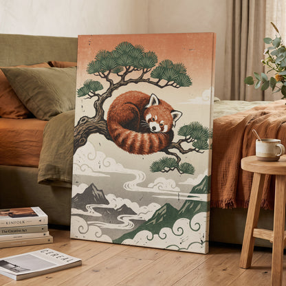 Cloudbound Red Panda, orange, brown, green nature wall art displayed in a styled interior, gallery view 3