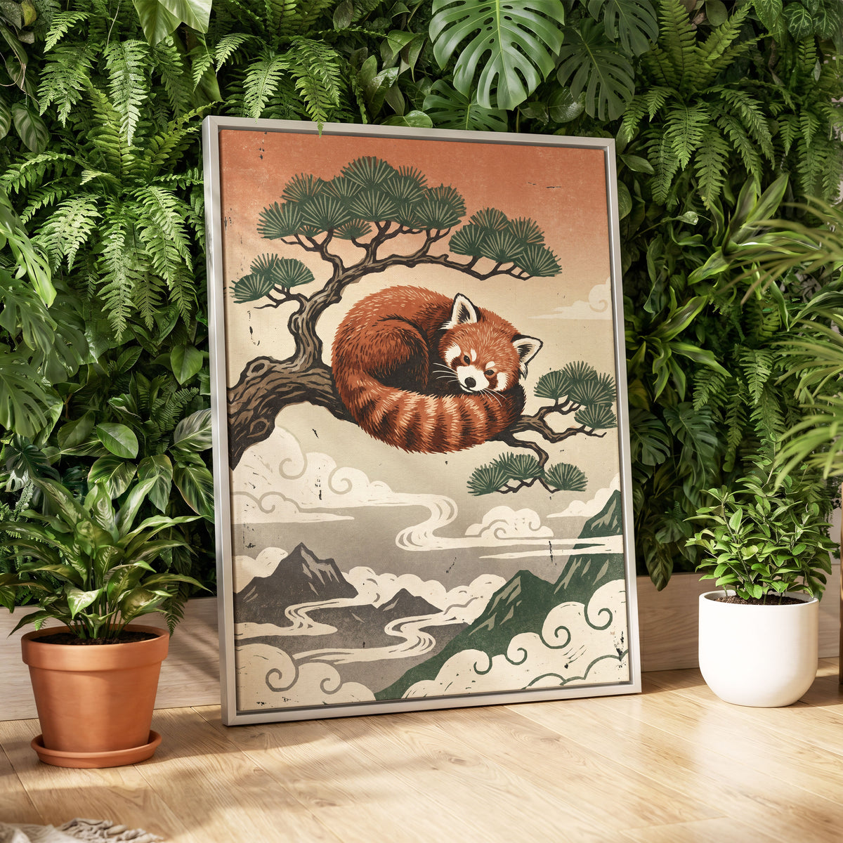 Cloudbound Red Panda, orange, brown, green nature wall art displayed in a styled interior, gallery view 4