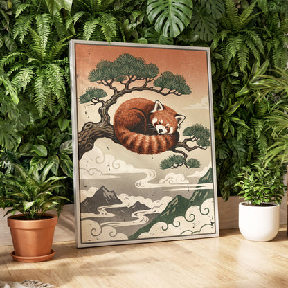 Cloudbound Red Panda, orange, brown, green nature wall art displayed in a styled interior, gallery view 4