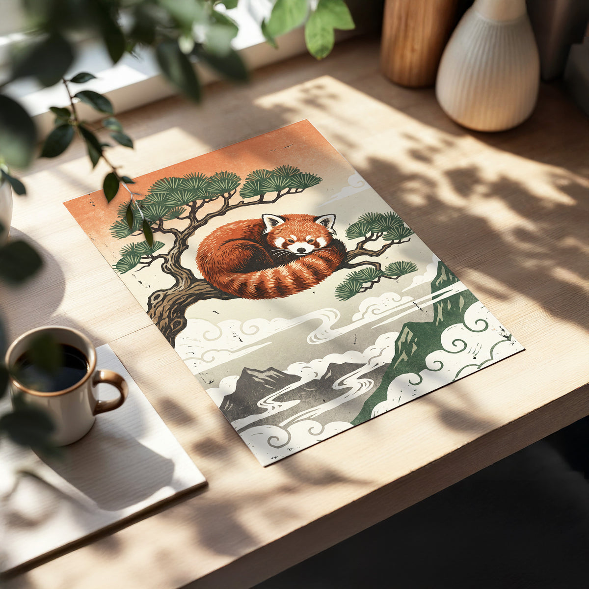 Cloudbound Red Panda, orange, brown, green nature wall art displayed in a styled interior, gallery view 5