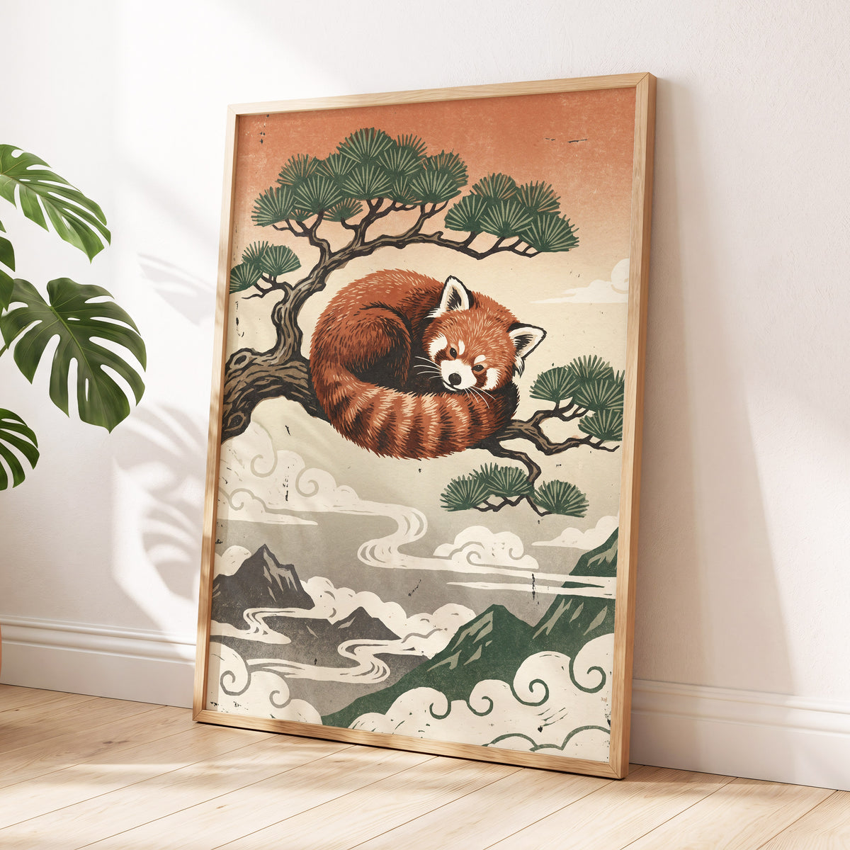 Cloudbound Red Panda, orange, brown, green nature wall art displayed in a styled interior, gallery view 6
