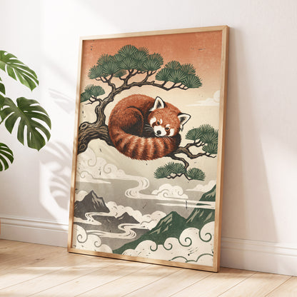 Cloudbound Red Panda, orange, brown, green nature wall art displayed in a styled interior, gallery view 6
