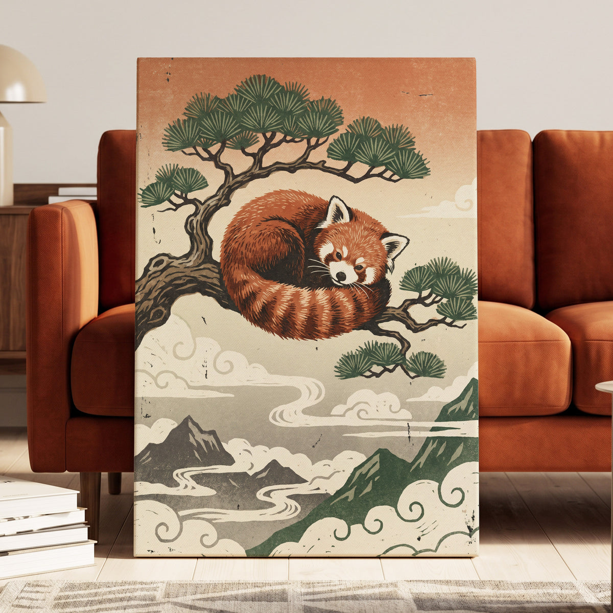 Cloudbound Red Panda, orange, brown, green nature wall art displayed in a styled interior, gallery view 7