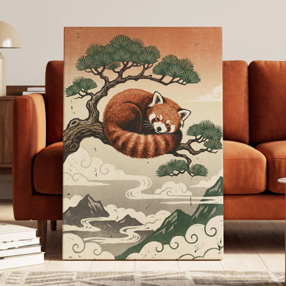 Cloudbound Red Panda, orange, brown, green nature wall art displayed in a styled interior, gallery view 7