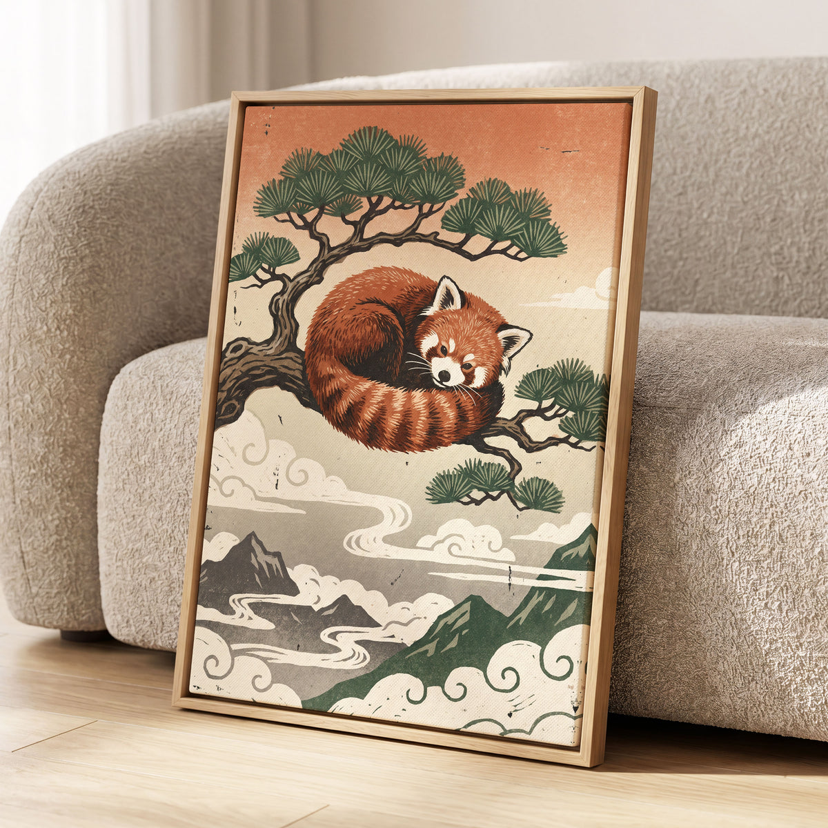 Cloudbound Red Panda, orange, brown, green nature wall art displayed in a styled interior, gallery view 8