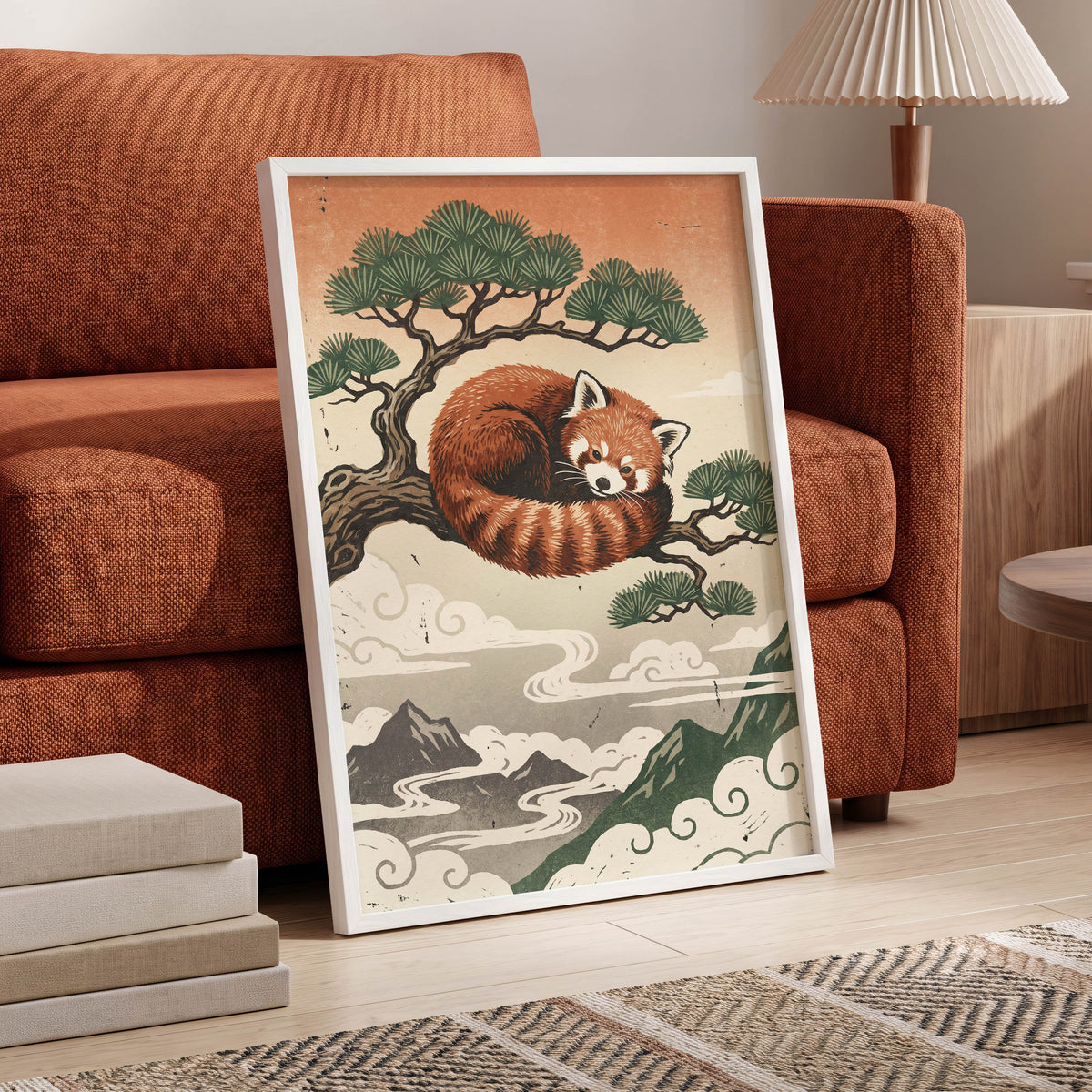 Cloudbound Red Panda, orange, brown, green nature wall art displayed in a styled interior, gallery view 9