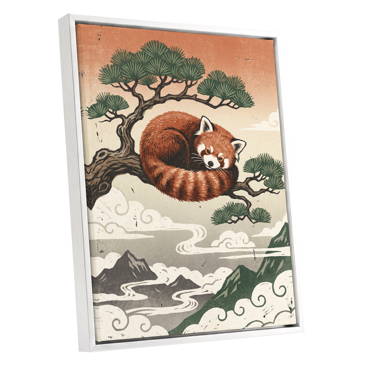 Cloudbound Red Panda, orange, brown, green nature wall art shown as a white framed canvas wall art