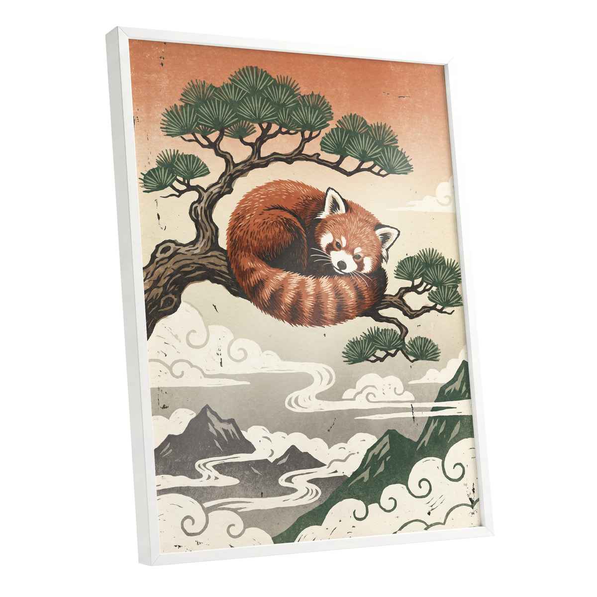 Cloudbound Red Panda, orange, brown, green nature wall art shown as a white framed poster wall art print