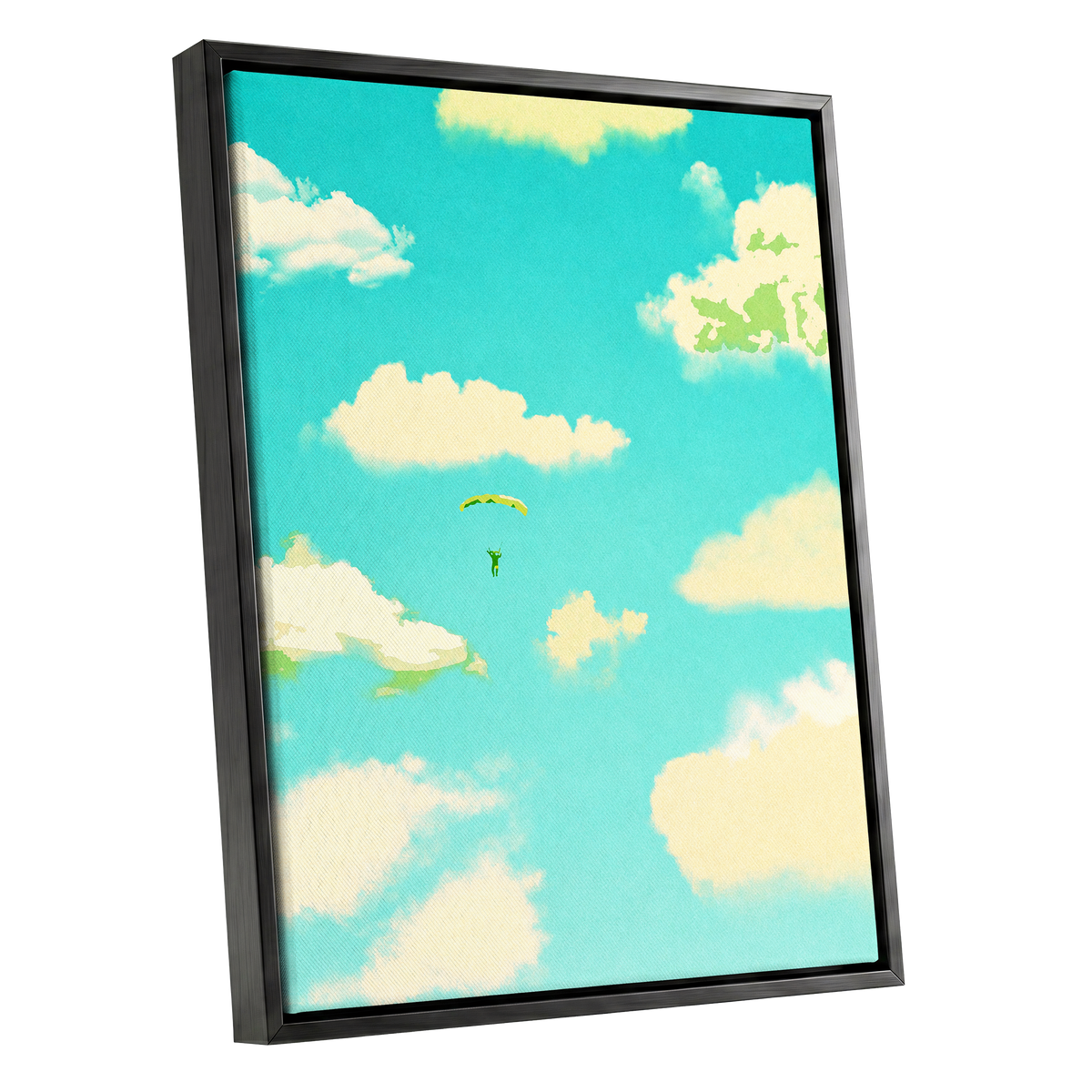 Cloudbound Reverie, blue, beige, yellow nature wall art shown as a black framed canvas wall art