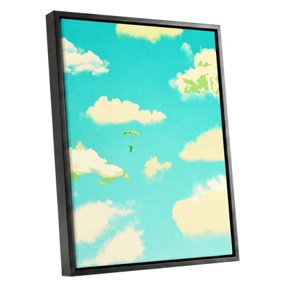 Cloudbound Reverie, blue, beige, yellow nature wall art shown as a black framed canvas wall art