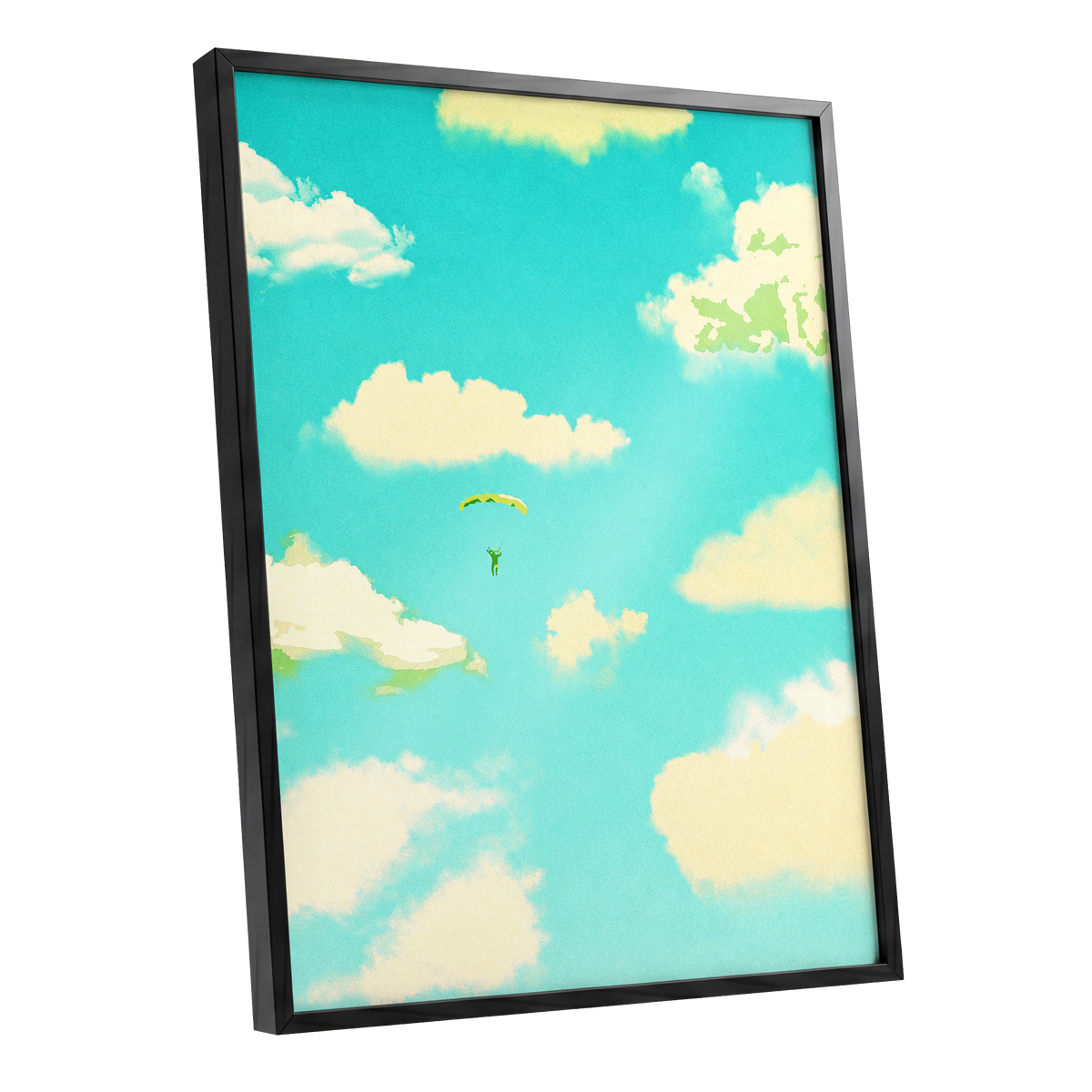 Cloudbound Reverie, blue, beige, yellow nature wall art shown as a black framed poster wall art print