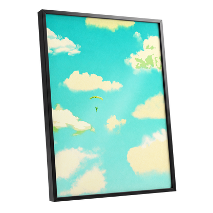 Cloudbound Reverie, blue, beige, yellow nature wall art shown as a black framed poster wall art print