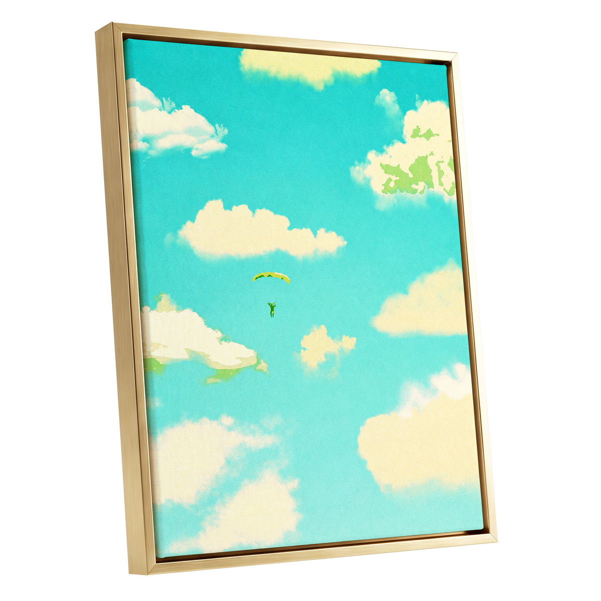 Cloudbound Reverie, blue, beige, yellow nature wall art shown as a gold framed canvas wall art