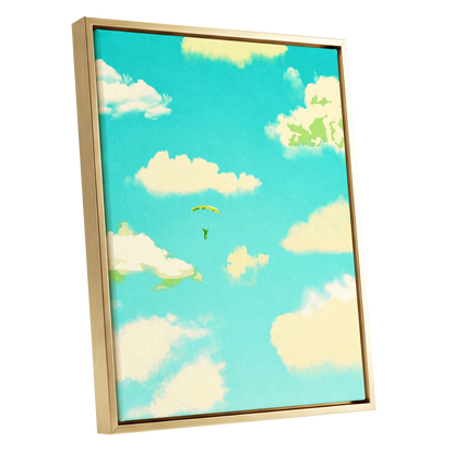 Cloudbound Reverie, blue, beige, yellow nature wall art shown as a gold framed canvas wall art