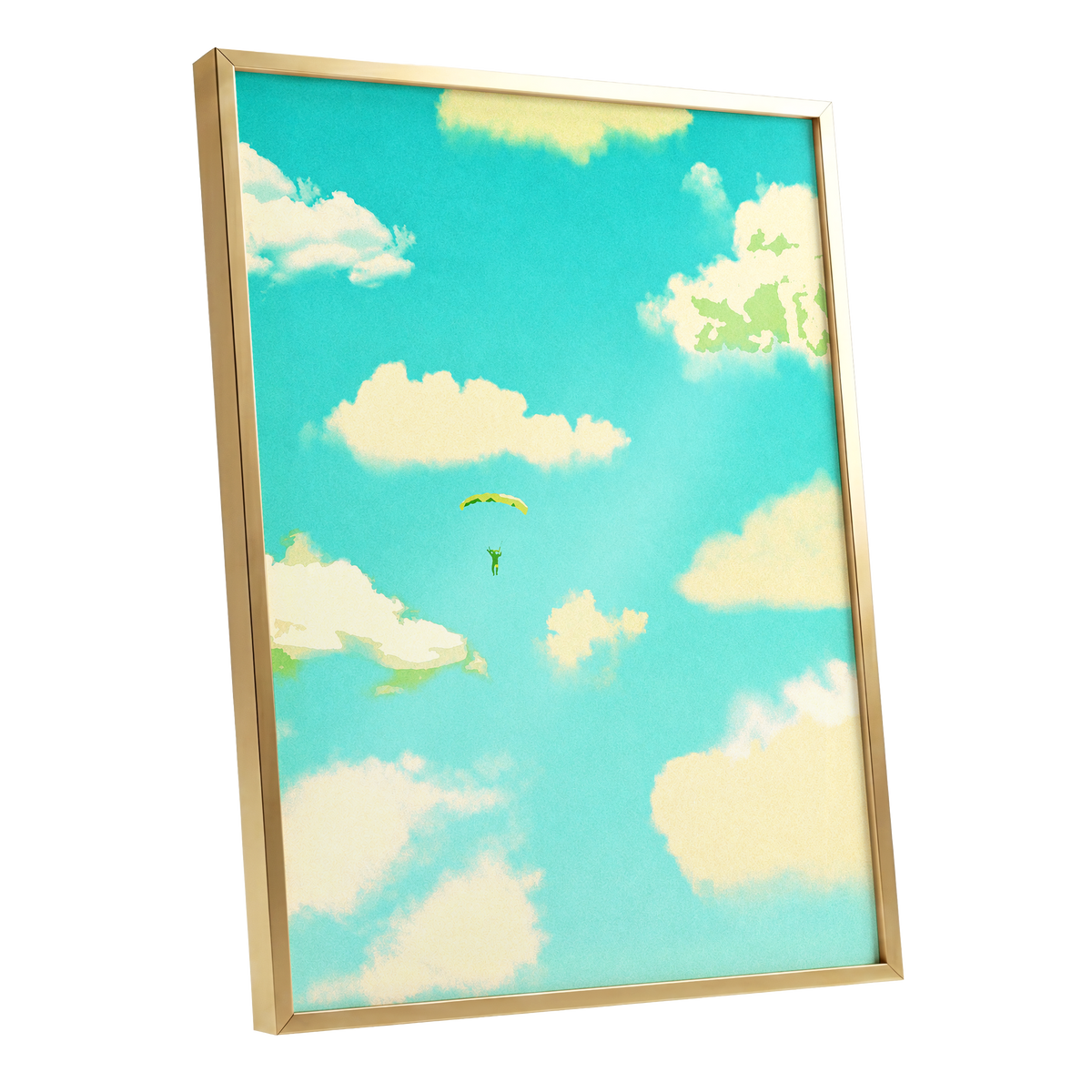 Cloudbound Reverie, blue, beige, yellow nature wall art shown as a gold framed poster wall art print
