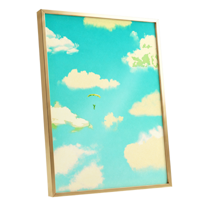 Cloudbound Reverie, blue, beige, yellow nature wall art shown as a gold framed poster wall art print
