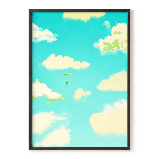 Cloudbound Reverie, blue, beige, yellow nature wall art, front artwork view