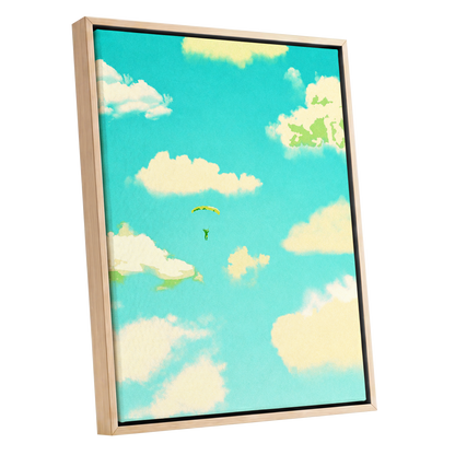 Cloudbound Reverie, blue, beige, yellow nature wall art shown as a oak framed canvas wall art
