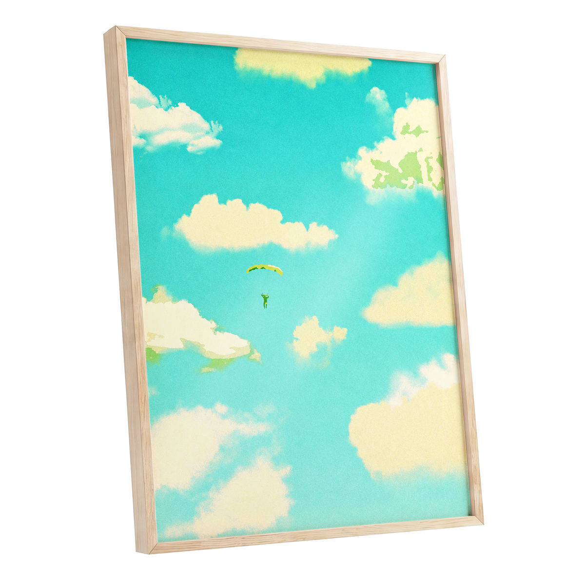 Cloudbound Reverie, blue, beige, yellow nature wall art shown as a oak framed poster wall art print
