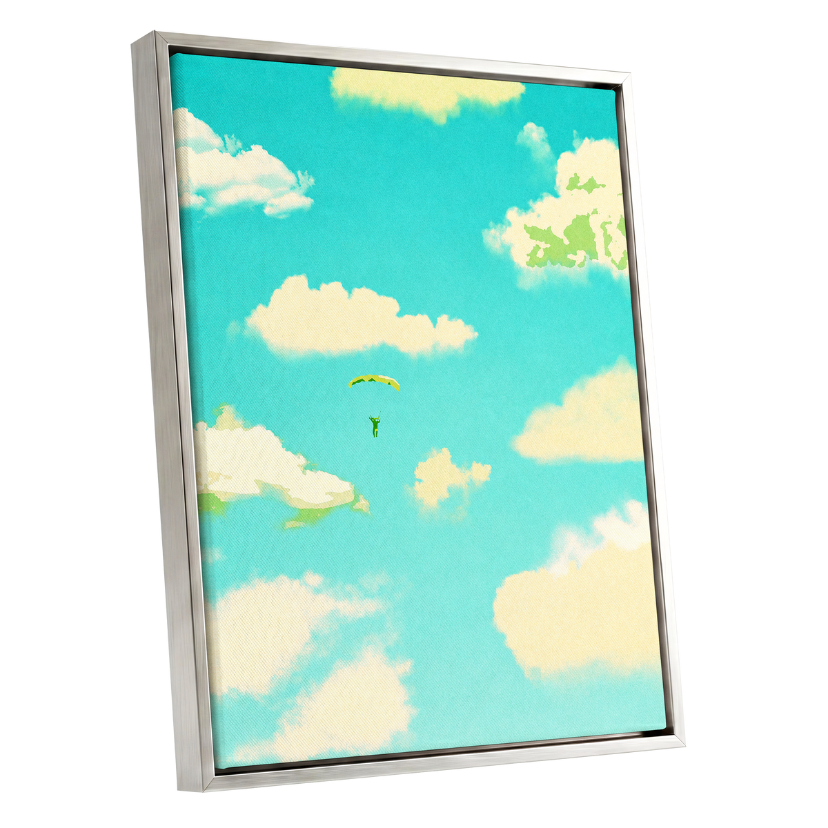 Cloudbound Reverie, blue, beige, yellow nature wall art shown as a silver framed canvas wall art